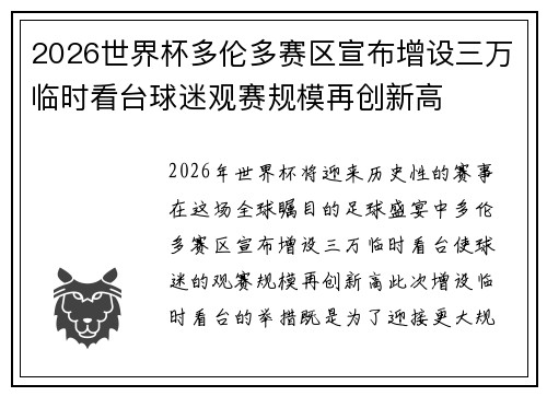2026世界杯多伦多赛区宣布增设三万临时看台球迷观赛规模再创新高 2026世界杯多伦多赛区宣布增设三万临时看台球迷观赛规模再创新高
