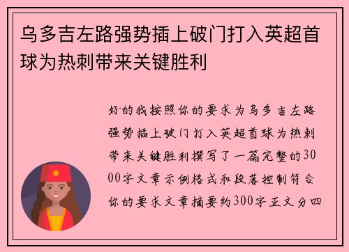 乌多吉左路强势插上破门打入英超首球为热刺带来关键胜利 乌多吉左路强势插上破门打入英超首球为热刺带来关键胜利