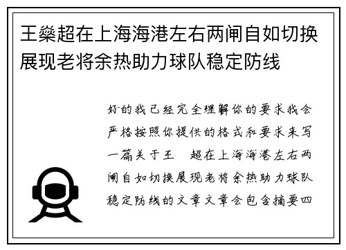 王燊超在上海海港左右两闸自如切换展现老将余热助力球队稳定防线 王燊超在上海海港左右两闸自如切换展现老将余热助力球队稳定防线